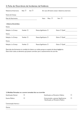 2. Ficha de Ocorrência de Incidentes deViolência
Relatórios Anteriores: Não	 Sim	 Em caso afirmativo anexar relatórios anteriores
1.Outros Envolvidos
Nome da Criança:
Relação c/ a Criança	 Familiar		 Pessoa Significativa 		 Outro Qual?
Descrição dos ferimentos ou condição do cliente e as razões porque se suspeita de abuso/negligência.
Deve incluir todos os elementos que possam contribuir para o esclarecimento do ocorrido
2. Medidas Tomadas ou a serem tomadas face ao ocorrido
Notificação Policial		 Notificação ao Ministério Público
Comunicação Interna a:
Outras:
Data de Nascimento			 Sexo:	 Masc.		 Fem.
Nome:
Nome:	
Relação c/ a Criança	 Familiar		 Pessoa Significativa 		 Outro Qual?
Nome:	
Relação c/ a Criança	 Familiar		 Pessoa Significativa 		 Outro Qual?
Exame Médico			 Comunicação a pessoas Significativas		
Notificação ao Ministério Público
 