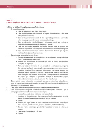 54
ANEXO D
CARACTERÍSTICAS DO MATERIAL LÚDICO-PEDAGÓGICO
1. Material Lúdico-Pedagógico para as Actividades
•	 O material disponível:
•	 Deve ser adequado à faixa etária das crianças.
•	 Deve encontrar-se em boas condições de higiene e conservação (i.e. não deve
estar partido ou riscado).
•	 Deve ser frequentemente mudado de sítio e guardado, permitindo a sua rotação
pelos espaços, procurando manter o interesse da criança.
•	 Deve ser não tóxico e de fácil lavagem e limpeza, permitindo que a criança o
utilize em adequadas condições de segurança e higiene.
•	 Deve ser em número suficiente para poder envolver todas as crianças em
actividades espontâneas e/ou propostas,adequadas ao seu desenvolvimento global.
•	 Deve ter diferentes texturas e ser feito de materiais diversos (p.e. espuma,
madeira, plástico) e de diferentes cores.
•	 Os materiais propostos diariamente devem:
•	 Estimular uma variedade de competências e de aprendizagens por parte de cada
criança individualmente e em grupo.
•	 Permitir uma multiplicidade de utilizações por parte da criança, em adequadas
condições de segurança.
•	 Promover o desenvolvimento de uma consciência social e cultural por parte
das crianças, facultando o acesso a brinquedos que permitam experimentar
variedade geracional (p.e. imagens e fotografias a representar pessoas em
diferentes idades em interacção), étnica e racial (p.e. bonecas multirraciais,
livros e imagens com bonecos multirraciais) e uma igualdade no desempenho
de papéis (p.e. imagens a apresentar crianças a desempenhar papéis,
independentemente do que culturalmente lhes é atribuído).
•	 Devem existir muitos brinquedos em duplicado ou que permitem igual utilização por
parte da criança (p.e. diferentes brinquedos de puxar; diferentes bonecas de igual tamanho;
diferentes triciclos; diferentes bolas).
•	 Deve existir material de apoio para as crianças que estão a aprender a andar.
•	 Deve estar disponível uma grande variedade de material e brinquedos por forma a que as
crianças possam brincar, de forma independente e segura:
•	 Livros adequados às faixas etárias das crianças acolhidas.
•	 Variedade de blocos (p.e. com diferentes tamanhos, formas, encaixe e cores) e
acessórios, disponíveis a qualquer momento para as crianças.
•	 Puzzles.
•	 Material para jogos “de faz de conta” adequado ao tamanho das crianças (p.e.
forno pequeno, cozinha pequena, roupas e acessórios, telefone de brincar).
•	 Bonecos macios e de toque agradável à criança (p.e. bonecos de peluche, de
tecido).
•	 Material para jogos de areia e de água.
•	 Espelho.
Anexos
 