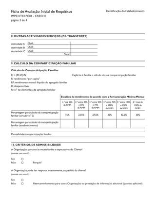 Identificação do EstabelecimentoFicha de Avaliação Inicial de Requisitos
IMP03.IT02.PC01 - CRECHE
página 3 de 4
8. OUTRAS ACTIVIDADES/SERVIÇOS (P.E.TRANSPORTE)
Actividade A
Actividade B
Actividade C
Qual:
Qual:
Qual:
Total
9. CÁLCULO DA COMPARTICIPAÇÃO FAMILIAR
Cálculo da Comparticipação Familiar
R = (RF-D)/N
R: rendimento “per capita”
RF: rendimento mensal ilíquido do agregado familiar
D: despesas fixas
N: n.º de elementos do agregado familiar
Explicite à família o cálculo da sua comparticipação familiar
Escalões de rendimento de acordo com a Remuneração Mínima Mensal
Percentagem para cálculo da comparticipação
familiar (circular n.º 3)
Percentagem para cálculo da comparticipação
familiar (estabelecimento)
1.º até 30%
da RMM
2.º entre 30%
a 50%
da RMM
3.º entre 50%
e 70%
da RMM
4.º entre 70%
e 100%
da RMM
5.º entre 100%
e 150%
da RMM
6.º mais de
150% da
RMM
15% 22,5% 27,5% 30% 32,5% 35%
Mensalidade/comparticipação familiar 	
A Organização ajusta-se às necessidades e expectativas do Cliente?
(assinale com uma X)
		
Sim
Não Porquê?
10. CRITÉRIOS DE ADMISSIBILIDADE
A Organização pode dar resposta, internamente, ao pedido do cliente?
(assinale com uma X)
		
Sim
Não Reencaminhamento para outra Organização ou prestação de informação adicional (quando aplicável).
 