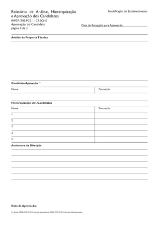 Candidato Aprovado (1)
Identificação do EstabelecimentoRelatório de Análise, Hierarquização
e Aprovação dos Candidatos
IMP07.IT03.PC01 - CRECHE
Aprovação do Candidato
página 3 de 3
Data de Recepção para Aprovação:
Análise da Proposta Técnica
Nome Pontuação
Hierarquização dos Candidatos
Nome Pontuação
1.
2.
3.
4.
5.
Assinatura da Direcção
Data de Aprovação:
(1) Envio IMP08.IT03.PC01-Carta de Aprovação e IMP09.IT03.PC01-Carta de Não Aprovação
 