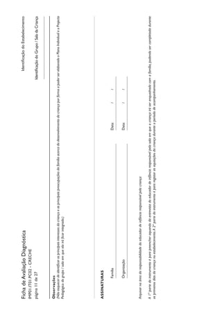 IdentificaçãodoEstabelecimentoFichadeAvaliaçãoDiagnóstica
IMP01.IT01.PC02-CRECHE
página11de27
Observações
(NãoesquecerdeidentificarosprincipaisinteressesdacriançaeasprincipaispreocupaçõesdafamíliaacercadodesenvolvimentodacriançaporformaapoderserelaboradooPlanoIndividualeoProjecto
Pedagógicodogrupo/salaemqueelairáficarintegrada.)
ASSINATURAS
Organização										Data:		/	/	
																
Família												Data:		/	/	
																
Arquivarnaáreadaresponsabilidadedoeducadordeinfânciaresponsávelpelacriança
A1ªpartedoinstrumentoéparapreencheraquandodaentrevistadoeducadordeinfânciaresponsávelpelasalaemqueacriançairáserenquadradacomafamília,podendosercompletadadurante
osprimeirosdiasdacriançanoestabelecimento.A2ªpartedoinstrumentoépararegistarasaquisiçõesdacriançaduranteoperíododeacompanhamento.
IdentificaçãodoGrupo/SaladaCriança
 