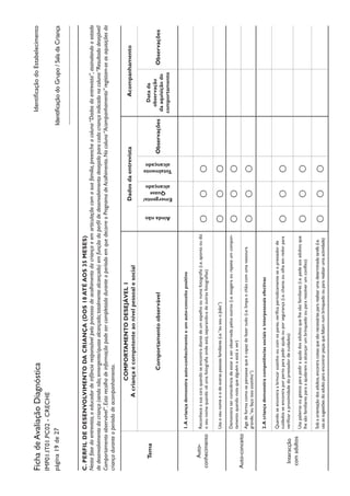 IdentificaçãodoEstabelecimentoFichadeAvaliaçãoDiagnóstica
IMP01.IT01.PC02-CRECHE
página19de27
C.PERFILDEDESENVOLVIMENTODACRIANÇA(DOS18ATÉAOS35MESES)
Nestafasedaentrevista,oeducadordeinfânciaresponsávelpeloprocessodeacolhimentodacriançaeemarticulaçãocomasuafamília,preencheacoluna“Dadosdaentrevista”,assinalandooestado
dedesenvolvimentodacriança(aindanão;emergente/quasealcançado;totalmentealcançado)emfunçãodoperfildedesenvolvimentodesejadoparacadacriançaindicadonacoluna“Resultadodesejável/
Comportamentoobservável”.EstarecolhadeinformaçãopodesercompletadaduranteoperíodoemquedecorreoProgramadeAcolhimento.Nacoluna“Acompanhamento”registam-seasaquisiçõesda
criançaduranteoperíododeacompanhamento.
Tema
COMPORTAMENTODESEJÁVEL1
Acriançaécompetenteaonívelpessoalesocial
DadosdaentrevistaAcompanhamento
Comportamentoobservável
Aindanão
Emergente/
Quase
alcançado
Totalmente
alcançado
Observações
Datada
observação
daaquisiçãodo
comportamento
Observações
Auto-
conhecimento
1.Acriançademonstraauto-conhecimentoeumauto-conceitopositivo
Reconheceasuacaraquandoseencontradiantedeumespelhoounumafotografia(i.e.apontaoudiz
oseunomequandovêumafotografiaondeestá,separando-adeoutrasfotografias)OOO
Usaoseunomeeodeoutraspessoasfamiliares(i.e.“eusouoJoão”)OOO
Auto-conceito
Demonstraterconsciênciadeestaraserobservadapelosoutros(i.e.exageraourepeteumcompor-
tamentoquandonotaquealguémaestáaver)OOO
Agedeformacomosepensassequeécapazdefazertudo(i.e.limpaochãocomumavassoura
grande,“eufaçoissosozinho”)OOO
Interacção
comadultos
2.Acriançademonstracompetênciassociaiseinterpessoaisefectivas
Quandoseencontraabrincarsozinhooucomospares,verificaperiodicamenteseoprestadorde
cuidadosseencontraporpertoparapedirajudaouporsegurança(i.e.chamaouolhaemredorpara
verificaraproximidadedoprestadordecuidados)
OOO
Usapalavrasougestosparapediraajudadosadultosquelhesãofamiliares(i.e.pedeaosadultosque
lhesãofamiliaresparaaajudaremaalcançarumbrinquedooupararesolverumconflito)OOO
Sobaorientaçãodosadultos,encontracoisasquesãonecessáriaspararealizarumadeterminadatarefa(i.e.
usaassugestõesdoadultoparaencontrarpeçasquefaltamnumbrinquedooupararealizarumaactividade)OOO
IdentificaçãodoGrupo/SaladaCriança
 