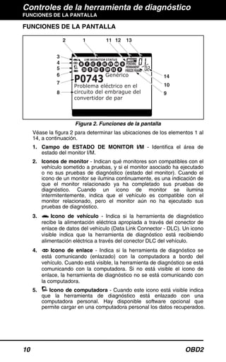 Controles de la herramienta de diagnóstico
FUNCIONES DE LA PANTALLA
10 OBD2
FUNCIONES DE LA PANTALLA
Figura 2. Funciones de la pantalla
Véase la figura 2 para determinar las ubicaciones de los elementos 1 al
14, a continuación.
1. Campo de ESTADO DE MONITOR I/M - Identifica el área de
estado del monitor I/M.
2. Iconos de monitor - Indican qué monitores son compatibles con el
vehículo sometido a pruebas, y si el monitor asociado ha ejecutado
o no sus pruebas de diagnóstico (estado del monitor). Cuando el
icono de un monitor se ilumina continuamente, es una indicación de
que el monitor relacionado ya ha completado sus pruebas de
diagnóstico. Cuando un icono de monitor se ilumina
intermitentemente, indica que el vehículo es compatible con el
monitor relacionado, pero el monitor aún no ha ejecutado sus
pruebas de diagnóstico.
3. Icono de vehículo - Indica si la herramienta de diagnóstico
recibe la alimentación eléctrica apropiada a través del conector de
enlace de datos del vehículo (Data Link Connector - DLC). Un icono
visible indica que la herramienta de diagnóstico está recibiendo
alimentación eléctrica a través del conector DLC del vehículo.
4. Icono de enlace - Indica si la herramienta de diagnóstico se
está comunicando (enlazado) con la computadora a bordo del
vehículo. Cuando está visible, la herramienta de diagnóstico se está
comunicando con la computadora. Si no está visible el icono de
enlace, la herramienta de diagnóstico no se está comunicando con
la computadora.
5. Icono de computadora - Cuando este icono está visible indica
que la herramienta de diagnóstico está enlazado con una
computadora personal. Hay disponible software opcional que
permite cargar en una computadora personal los datos recuperados.
4
3
2 1 11 12 13
5
8 9
14
10
6
7
 