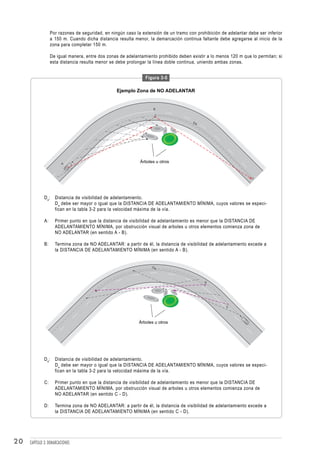 Por razones de seguridad, en ningún caso la extensión de un tramo con prohibición de adelantar debe ser inferior
                   a 150 m. Cuando dicha distancia resulta menor, la demarcación continua faltante debe agregarse al inicio de la
                   zona para completar 150 m.

                   De igual manera, entre dos zonas de adelantamiento prohibido deben existir a lo menos 120 m que lo permitan; si
                   esta distancia resulta menor se debe prolongar la línea doble continua, uniendo ambas zonas.


                                                                 Figura 3-5

                                                   Ejemplo Zona de NO ADELANTAR


                                                                    B



                                                                                        Da




                        A
                                                              Árboles u otros




              D a:   Distancia de visibilidad de adelantamiento.
                     D a debe ser mayor o igual que la DISTANCIA DE ADELANTAMIENTO MÍNIMA, cuyos valores se especi-
                     fican en la tabla 3-2 para la velocidad máxima de la vía.

              A:     Primer punto en que la distancia de visibilidad de adelantamiento es menor que la DISTANCIA DE
                     ADELANTAMIENTO MÍNIMA, por obstrucción visual de arboles u otros elementos comienza zona de
                     NO ADELANTAR (en sentido A - B).

              B:     Termina zona de NO ADELANTAR: a partir de él, la distancia de visibilidad de adelantamiento excede a
                     la DISTANCIA DE ADELANTAMIENTO MÍNIMA (en sentido A - B).


                                                                    Da




                                                                                             D




                                                                                                        C




                                                             Árboles u otros




              D a:   Distancia de visibilidad de adelantamiento.
                     D a debe ser mayor o igual que la DISTANCIA DE ADELANTAMIENTO MÍNIMA, cuyos valores se especi-
                     fican en la tabla 3-2 para la velocidad máxima de la vía.

              C:     Primer punto en que la distancia de visibilidad de adelantamiento es menor que la DISTANCIA DE
                     ADELANTAMIENTO MÍNIMA, por obstrucción visual de arboles u otros elementos comienza zona de
                     NO ADELANTAR (en sentido C - D).

              D:     Termina zona de NO ADELANTAR: a partir de él, la distancia de visibilidad de adelantamiento excede a
                     la DISTANCIA DE ADELANTAMIENTO MÍNIMA (en sentido C - D).




20   CAPÍTULO 3: DEMARCACIONES
 