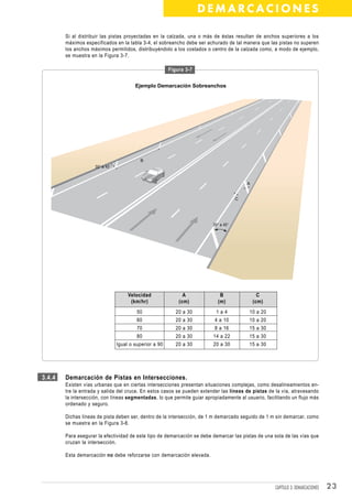 DEMARCACIONES

        Si al distribuir las pistas proyectadas en la calzada, una o más de éstas resultan de anchos superiores a los
        máximos especificados en la tabla 3-4, el sobreancho debe ser achurado de tal manera que las pistas no superen
        los anchos máximos permitidos, distribuyéndolo a los costados o centro de la calzada como, a modo de ejemplo,
        se muestra en la Figura 3-7.

                                                         Figura 3-7


                                         Ejemplo Demarcación Sobreanchos




                                           B
                     30° a 45°



                                                                                         A


                                                                                     C




                                                                         30° a 45°




                                      Velocidad                A             B                 C
                                       (km/hr)               (cm)           (m)              (cm)
                                          50                20 a 30        1a4            10 a 20
                                          60                20 a 30       4 a 10          10 a 20
                                          70                20 a 30       8 a 16          15 a 30
                                          80                20 a 30       14 a 22         15 a 30
                                 Igual o superior a 90      20 a 30       20 a 30         15 a 30




3.4.4   Demarcación de Pistas en Intersecciones.
        Existen vías urbanas que en ciertas intersecciones presentan situaciones complejas, como desalineamientos en-
        tre la entrada y salida del cruce. En estos casos se pueden extender las líneas de pistas de la vía, atravesando
        la intersección, con líneas segmentadas, lo que permite guiar apropiadamente al usuario, facilitando un flujo más
        ordenado y seguro.

        Dichas líneas de pista deben ser, dentro de la intersección, de 1 m demarcado seguido de 1 m sin demarcar, como
        se muestra en la Figura 3-8.

        Para asegurar la efectividad de este tipo de demarcación se debe demarcar las pistas de una sola de las vías que
        cruzan la intersección.

        Esta demarcación no debe reforzarse con demarcación elevada.




                                                                                                     CAPÍTULO 3: DEMARCACIONES   23
 