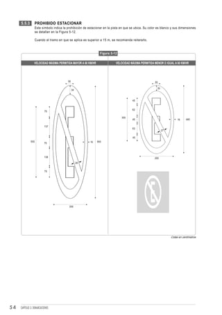 5.5.3          PROHIBIDO ESTACIONAR
                    Este símbolo indica la prohibición de estacionar en la pista en que se ubica. Su color es blanco y sus dimensiones
                    se detallan en la Figura 5-12.

                    Cuando el tramo en que se aplica es superior a 15 m, se recomienda reiterarlo.


                                                                  Figura 5-12

                 VELOCIDAD MÁXIMA PERMITIDA MAYOR A 60 KM/HR                 VELOCIDAD MÁXIMA PERMITIDA MENOR O IGUAL A 60 KM/HR




                                           50                                                            50

                                                                                                           30
                                                34



                                                                                         45


                                                                                         62
                          75

                                                                                 300
                                                                                         45                               16     480

                          137
                                                                                         63
                                                                                                                27

                                                                                         45
              500                                          16   800
                          75




                          138                                                                            200
                                                     28


                          75




                                            200




                                                                                                                     Cotas en centímetros




54   CAPÍTULO 3: DEMARCACIONES
 