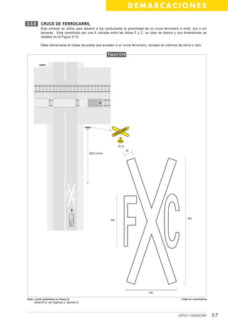 DEMARCACIONES

5.5.6      CRUCE DE FERROCARRIL
           Este símbolo se utiliza para advertir a los conductores la proximidad de un cruce ferroviario a nivel, con o sin
           barreras. Esta constituido por una X ubicada entre las letras F y C, su color es blanco y sus dimensiones se
           detallan en la Figura 5-15.

           Debe demarcarse en todas las pistas que acceden a un cruce ferroviario, excepto en caminos de tierra o ripio.

                                                             Figura 5-15




                                                                    (PI-2)
                                                                             40
                                               2000 mínimo




                                                                                                                600
                                                              240




                                                                                    240

Nota: Letras detalladas en Anexo B.                                                                       Cotas en centímetros
      Señal PI-2, ver Capítulo 2, Sección 4.




                                                                                                        CAPÍTULO 3: DEMARCACIONES   57
 