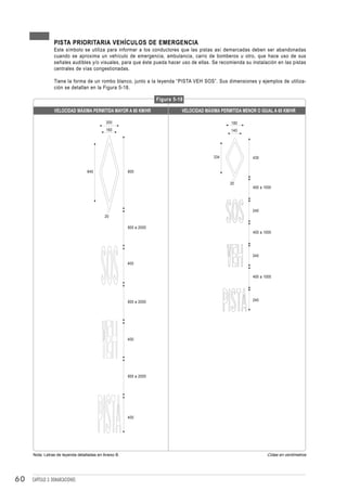5.5.9       PISTA PRIORITARIA VEHÍCULOS DE EMERGENCIA
                 Este símbolo se utiliza para informar a los conductores que las pistas así demarcadas deben ser abandonadas
                 cuando se aproxima un vehículo de emergencia, ambulancia, carro de bomberos u otro, que hace uso de sus
                 señales audibles y/o visuales, para que éste pueda hacer uso de ellas. Se recomienda su instalación en las pistas
                 centrales de vías congestionadas.

                 Tiene la forma de un rombo blanco, junto a la leyenda “PISTA VEH SOS”. Sus dimensiones y ejemplos de utiliza-
                 ción se detallan en la Figura 5-18.

                                                                   Figura 5-18

                 VELOCIDAD MÁXIMA PERMITIDA MAYOR A 60 KM/HR                 VELOCIDAD MÁXIMA PERMITIDA MENOR O IGUAL A 60 KM/HR

                                           200                                                     180
                                           160                                                     140




                                                                                           334              430


                                 640                  800

                                                                                                  20
                                                                                                            400 a 1000




                                                                                                            240
                                           20

                                                      800 a 2000
                                                                                                            400 a 1000




                                                                                                            240
                                                      400


                                                                                                            400 a 1000




                                                      800 a 2000                                            240




                                                      400




                                                      800 a 2000




                                                      400




     Nota: Letras de leyenda detalladas en Anexo B.                                                                Cotas en centímetros




60   CAPÍTULO 3: DEMARCACIONES
 
