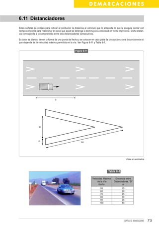 DEMARCACIONES

6.11 Distanciadores
Estas señales se utilizan para indicar al conductor la distancia al vehículo que lo antecede lo que le asegura contar con
tiempo suficiente para reaccionar en caso que aquél se detenga o disminuya su velocidad en forma imprevista. Dicha distan-
cia corresponde a la comprendida entre dos distanciadores consecutivos.

Su color es blanco, tienen la forma de una punta de flecha y se colocan en cada pista de circulación a una distancia entre sí
que depende de la velocidad máxima permitida en la vía. Ver Figura 6-11 y Tabla 6-1.


                                                        Figura 6-11




                                    D




                    90




                   25
                                                              300




                                                                                                              Cotas en centímetros




                                                                                         Tabla 6-1

                                                                         Velocidad Máxima      Distancia entre
                                                                              de la Vía       Distanciadores, “D”
                                                                               Km/hr                   m
                                                                                50                     15
                                                                                60                     20
                                                                                70                     25
                                                                                80                     30
                                                                                90                     35
                                                                                100                    40




                                                                                                            CAPÍTULO 3: DEMARCACIONES   75
 