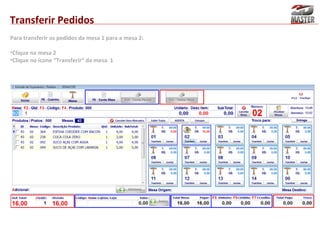 Transferir Pedidos
Para transferir os pedidos da mesa 1 para a mesa 2:
•Clique na mesa 2
•Clique no ícone “Transferir” da mesa 1

 
