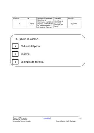 Equipo LEM Lenguaje www.lem.cl
Facultad de Educación
Universidad Alberto Hurtado Erasmo Escala 1825 - Santiago
- 5 -
3. ¿Quién es Conan?
Pregunta Eje Aprendizaje esperado Indicador Puntaje
3 Lectura
Identifican la
información explícita e
implícita, contenida en
los textos literarios y
no literarios (Noticia)
Identifican al
personaje
principal del
texto.
2 puntos.
a El dueño del perro.
b El perro.
c La empleada del local.
 
