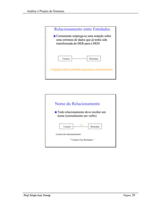 Análise e Projeto de Sistemas




                              Relacionamento entre Entidades
                             n   Comumente emprega-se uma notação sobre
                                 uma estrutura de dados que já tenha sido
                                 transformada do DER para o DED



                                       Usuário                       Retiradas



                           A ligação entre as entidades representa o relacionamento




                              Nome do Relacionamento
                              n   Todo relacionamento deve receber um
                                  nome (normalmente um verbo)

                                                           Faz
                                        Usuário                       Retiradas


                                 Leitura do relacionamento:

                                                 “ Usuário Faz Retiradas “




Prof. Sérgio Luiz Tonsig                                                              Página: 58
 