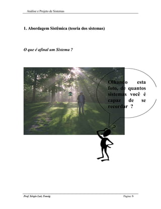 Análise e Projeto de Sistemas




1. Abordagem Sistêmica (teoria dos sistemas)




O que é afinal um Sistema ?




                                               Olhando     esta
                                               foto, de quantos
                                               sistemas você é
                                               capaz de se
                                               recordar ?




Prof. Sérgio Luiz Tonsig                             Página: 6
 