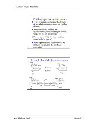 Análise e Projeto de Sistemas




                               Entidades para relacionamentos
                           n Toda vez que desejarmos guardar atributos
                             de um relacionamento, criamos um entidade
                             para isto.
                           n Normalmente esta entidade do
                             relacionamento possui informações sobre o
                             tempo em que um fato ocorreu
                           n Pode-se ainda utilizá-la para normalizar
                                           utilizá-
                             uma relação ‘n’ para ‘n’
                           n   A chave primária será a concatenação dos
                               atributos provenientes das entidades
                               associadas




                           Exemplo Entidade Relacionamento
                       Nome
                          Endereço                                      Título Editora
                             TipoUsuario                                           Autor

                                                 Retiram
                               Usuário                                       Livros
                                                 Retirado
                                                                             Código
                           Cpf


                     Nome
                        Endereço                                   Título Editora
                           TipoUsuario           Data                         Autor
                                                            Refere-se
                                          Faz
                           Usuário               Retirada                  Livros
                                         Feita              Pertence

                                                                           Código
                       Cpf




Prof. Sérgio Luiz Tonsig                                                                   Página: 62
 
