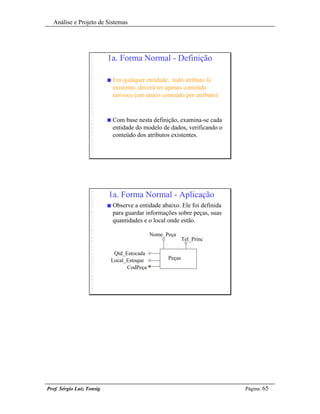 Análise e Projeto de Sistemas




                           1a. Forma Normal - Definição

                           n   Em qualquer entidade, todo atributo lá
                               existente, deverá ter apenas conteúdo
                               unívoco (um único conteúdo por atributo).


                           n   Com base nesta definição, examina-se cada
                               entidade do modelo de dados, verificando o
                               conteúdo dos atributos existentes.




                           1a. Forma Normal - Aplicação
                           n   Observe a entidade abaixo. Ele foi definida
                               para guardar informações sobre peças, suas
                               quantidades e o local onde estão.

                                             Nome_Peça
                                                            Tel_Princ

                            Qtd_Estocada
                           Local_Estoque            Peças
                                 CodPeça




Prof. Sérgio Luiz Tonsig                                                     Página: 65
 