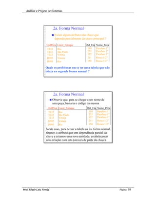 Análise e Projeto de Sistemas




                               2a. Forma Normal
                               n   Existe algum atributo não chave que
                                   dependa parcialmente da chave principal ?

                     CodPeça Local_Estoque                 Qtd_Etq    Nome_Peça
                      T232           Rio                    110       Parafuso 1”
                      T232           São Paulo              235       Parafuso 1”
                      T232           Vitória                122       Parafuso 1”
                      H995           Vitória                211       Rosca 1/2”
                      H995           Rio                    150       Rosca 1/2”

                     Quais os problemas em se ter uma tabela que não
                     esteja na segunda forma normal ?




                               2a. Forma Normal
                           n   Observe que, para se chegar a um nome de
                               uma peça, bastaria o código da mesma
                      CodPeça Local_Estoque                 Qtd_Etq   Nome_Peça
                       T232           Rio                    110      Parafuso 1”
                       T232           São Paulo              235      Parafuso 1”
                       T232           Vitória                122      Parafuso 1”
                       H995           Vitória                211      Rosca 1/2”
                       H995           Rio                    150      Rosca 1/2”
                     Neste caso, para deixar a tabela na 2a. forma normal,
                     tiramos o atributo que tem dependência parcial da
                     chave e criamos uma nova entidade, estabelecendo
                     uma relação com esta (através de parte da chave).




Prof. Sérgio Luiz Tonsig                                                            Página: 68
 
