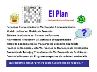 Pequeños Emprendimientos Vs. Grandes Emprendimientos Modelo de Uso Vs. Modelo de Posesión Sistema de Alianzas Vs. Sistema de Fusiones Actividad de Producción Vs. Actividad de Especulación Marco de Economía Social Vs. Marco de Economía Capitalista Practica de Comercio Justo Vs. Practica de Monopolio de Distribución Propuesta de Trabajo y Transformación Vs. Propuesta de Explotación. Desarrollo Humano Vs. Progreso a expensas de un futuro sustentable. Que debemos discutir primero sobre nuestra idea de negocio..? ... Hacia donde nos enfocamos? El Plan ? 
