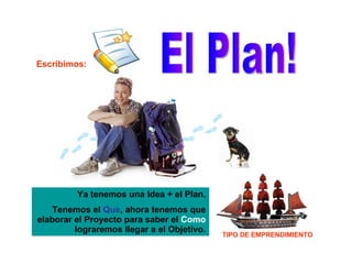 El Plan! Ya tenemos una Idea + el Plan. Tenemos el  Que , ahora tenemos que elaborar el Proyecto para saber el  Como  lograremos llegar a el Objetivo. Escribimos: TIPO DE EMPRENDIMIENTO 