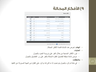 • الهدف: تعرض هذه الشاشة قائمة الأفكار المحالة. 
• العمليات: 
• فرز الأفكار المدمجة من خلال النقر على ترويسة العمود بالجدول 
• عرض شاشة منبثقة لتفاصيل الفكرة المحالة بالنقر على زر التفاصيل بالجدول 
• ملاحظات: 
• في خانة تم الرد بالجدول يتم تحديد إذا ما كان قد تم الرد على الفكرة من الجهة المسؤولة عن التنفيذ 
49 
 