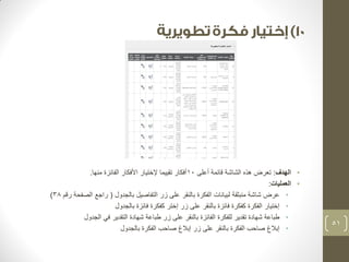 • الهدف: تعرض هذه الشاشة قائمة أعلى 10 أفكار تقييما لإختيار الأفكار الفائزة منها. 
• العمليات: 
• عرض شاشة منبثقة لبيانات الفكرة بالنقر على زر التفاصيل بالجدول ) راجع الصفحة رقم 38 ) 
• إختيار الفكرة كفكرة فائزة بالنقر على زر إختر كفكرة فائزة بالجدول 
• طباعة شهادة تقدير للفكرة الفائزة بالنقر على زر طباعة شهادة التقدير في الجدول 
• إبلاغ صاحب الفكرة بالنقر على زر إبلاغ صاحب الفكرة بالجدول 
51 
 