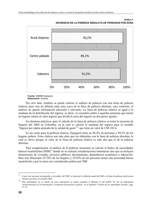 Pauta metodológica de evaluación de impacto ex-ante y ex-post de programas sociales de lucha contra la pobreza
20
Gráfico 1
INCIDENCIA DE LA POBREZA ABSOLUTA DE PERSONAS POR ZONA
Fuente: SISBEN Zipaquirá.
Elaboración: Autores.
Por otro lado, también se puede realizar el análisis de pobreza con una línea de pobreza
relativa, pero esta no debería estar muy cerca de la línea de pobreza absoluta, caso contrario, el
análisis no aporta información adicional o relevante. La línea de pobreza relativa es igual a la
mediana de la distribución del ingreso, es decir, se considera pobre a aquellas personas que tienen
un ingreso menor al valor ingreso que divide la serie del ingreso en dos partes iguales.
En términos prácticos, para el cálculo de la línea de pobreza relativa se tomó la encuesta de
hogares del 2004 en Colombia, en la cual se calculó la mediana del ingreso para la variable
“Ingreso per cápita ajustado de la unidad de gasto”11
que tiene un valor de US$ 102.4.
Es así como para la pobreza relativa, Zipaquirá tiene un 96.4% de personas y 94.2% de los
hogares pobres. Estos índices son más altos que los obtenidos con la línea de pobreza absoluta, lo
cual es obvio porque el valor de la línea de pobreza relativa es más alto que el de la pobreza
absoluta.
Para complementar el análisis de la pobreza monetaria se calcula el Índice de necesidades
básicas insatisfechas (INBI)12
donde no se realizan consideraciones monetarias sino que se incluyen
dimensiones de vivienda, servicios públicos, hacinamiento, dependencia económica y educación.
Para este Municipio 25.78% de los hogares y 25.03% de las personas tienen una necesidad básica
insatisfecha y por lo tanto son considerados pobres por NBI.
11
Como esta encuesta correspondía a noviembre del 2004, se descontó la inflación anual del 2004 a la línea de pobreza relativa para
obtener una línea a noviembre 2003.
12
Para profundizar en el cálculo de estos indicadores se puede consultar el Manual 15 del ILPES “El uso de indicadores
socioeconómicos en la formulación y evaluación de proyectos sociales”, en el apéndice “Cálculo de los indicadores sociales”, pág.
67-75.



     
DEHFHUD
HQWUR SREODGR
5XUDO GLVSHUVR
 