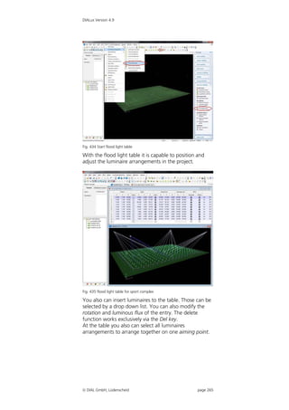 DIALux Version 4.9




Fig. 434 Start flood light table

With the flood light table it is capable to position and
adjust the luminaire arrangements in the project.




Fig. 435 flood light table for sport complex

You also can insert luminaires to the table. Those can be
selected by a drop down list. You can also modify the
rotation and luminous flux of the entry. The delete
function works exclusively via the Del key.
At the table you also can select all luminaires
arrangements to arrange together on one aiming point.




 DIAL GmbH, Lüdenscheid                            page 265
 