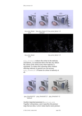 DIALux Version 4.9




  low_error_factor    low_error_factor 0.5 low_error_factor 1.0
       0.01                (default)




  low_error_factor                          low_error_factor 1.0
       0.01

gray_threshold reduces the colour in the radiosity
calculations. As mentioned above the blue sky affects
the colour of the whole scene when radiosity is
calculated. To reduce this colouring effect without
affecting radiosity in general you can increase
gray_threshold. 1.0 means no colour in radiosity at
all.




 gray_threshold 0.0    gray_threshold 0.5   gray_threshold 1.0
      (default)

Another important parameter is pretrace_end.
Together with pretrace_start it specifies the pretrace
steps that are done. Lower values lead to more pretrace

 DIAL GmbH, Lüdenscheid                                page 336
 