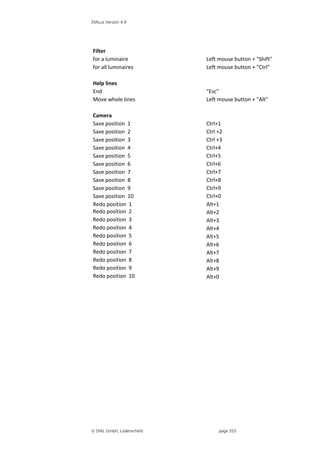 DIALux Version 4.9



                            
Filter                      
for a luminaire            Left mouse button + "Shift" 
for all luminaires         Left mouse button + "Ctrl" 
                            
Help lines                  
End                        "Esc" 
Move whole lines           Left mouse button + "Alt" 
                            
Camera                      
Save position  1           Ctrl+1 
Save position  2           Ctrl +2 
Save position  3           Ctrl +3 
Save position  4           Ctrl+4 
Save position  5           Ctrl+5 
Save position  6           Ctrl+6 
Save position  7           Ctrl+7 
Save position  8           Ctrl+8 
Save position  9           Ctrl+9 
Save position  10          Ctrl+0 
Redo position  1           Alt+1 
Redo position  2           Alt+2 
Redo position  3           Alt+3 
Redo position  4           Alt+4 
Redo position  5           Alt+5 
Redo position  6           Alt+6 
Redo position  7           Alt+7 
Redo position  8           Alt+8 
Redo position  9           Alt+9 
Redo position  10          Alt+0 




 DIAL GmbH, Lüdenscheid        page 355
 