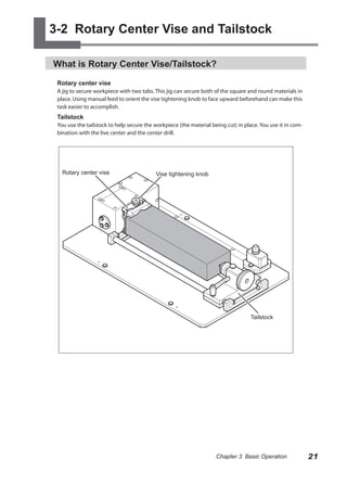 3-2 Rotary Center Vise and Tailstock

What is Rotary Center Vise/Tailstock?

 Rotary center vise
 A jig to secure workpiece with two tabs. This jig can secure both of the square and round materials in
 place. Using manual feed to orient the vise tightening knob to face upward beforehand can make this
 task easier to accomplish.
 Tailstock
 You use the tailstock to help secure the workpiece (the material being cut) in place. You use it in com-
 bination with the live center and the center drill.




   Rotary center vise                     Vise tightening knob




                                                                                   Tailstock




                                                                    Chapter 3 Basic Operation               21
 