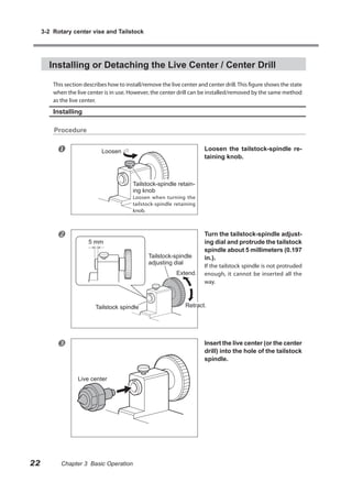 3-2 Rotary center vise and Tailstock




       Installing or Detaching the Live Center / Center Drill

         This section describes how to install/remove the live center and center drill. This figure shows the state
         when the live center is in use. However, the center drill can be installed/removed by the same method
         as the live center.
         Installing

         Procedure


                            Loosen                                      Loosen the tailstock-spindle re-
                                                                         taining knob.



                                          Tailstock-spindle retain-
                                          ing knob
                                          Loosen when turning the
                                          tailstock-spindle retaining
                                          knob.



                                                                        Turn the tailstock-spindle adjust-
                        5 mm                                             ing dial and protrude the tailstock
                                                                         spindle about 5 millimeters (0.197
                                                 Tailstock-spindle       in.).
                                                 adjusting dial
                                                                         If the tailstock spindle is not protruded
                                                             Extend.     enough, it cannot be inserted all the
                                                                         way.



                          Tailstock spindle                      Retract.




                                                                        Insert the live center (or the center
                                                                         drill) into the hole of the tailstock
                                                                         spindle.


                   Live center




22          Chapter 3 Basic Operation
 