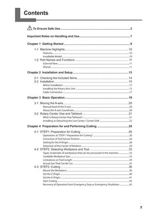 Contents

      To Ensure Safe Use ......................................................................................3

 Important Notes on Handling and Use...............................................................7

 Chapter 1 Getting Started ..................................................................................9
        1-1 Machine Highlights ...............................................................................10
                 Features..............................................................................................................................................10
                 Installable Model ............................................................................................................................10
        1-2 Part Names and Functions .................................................................. 11
                 External View....................................................................................................................................11
                 VPanel .................................................................................................................................................11

 Chapter 2 Installation and Setup .....................................................................13
        2-1 Checking the Included Items................................................................14
        2-2 Installation ............................................................................................15
                 Before Installation ..........................................................................................................................15
                 Installing the Rotary Axis Unit ...................................................................................................15
                 Cable Connection ...........................................................................................................................17

 Chapter 3 Basic Operation ...............................................................................19
        3-1 Moving the A-axis .................................................................................20
                 Manual Feed of the A-axis ...........................................................................................................20
                 About the A-axis Coordinate ......................................................................................................20
        3-2 Rotary Center Vise and Tailstock .........................................................21
                 What is Rotary Center Vise/Tailstock?......................................................................................21
                 Installing or Detaching the Live Center / Center Drill .......................................................22

 Chapter 4 Preparation for and Performing Cutting .......................................25
        4-1 STEP1: Preparation for Cutting ...........................................................26
                 Operations at “STEP1: Preparation for Cutting” ...................................................................26
                 Correction of Tool Sensor Position ...........................................................................................26
                 Setting for the A Origin ................................................................................................................28
                 Detection of the Center of Rotation ........................................................................................29
        4-2 STEP2: Selecting Workpiece and Tool ................................................33
                 Types (materials) of workpieces that can be processed in the machine ....................33
                 Loadable Workpiece Size .............................................................................................................33
                 Limitations on Tool Length .........................................................................................................34
                 Actual Size That Can Be Cut ........................................................................................................35
        4-3 STEP3: Cutting ....................................................................................36
                 Mount the Workpiece ...................................................................................................................36
                 Set the Z Origin ...............................................................................................................................40
                 Set the X Origin ...............................................................................................................................41
                 Start Cutting .....................................................................................................................................42
                 Recovery of Operation from Emergency Stop or Emergency Shutdown ..................42




                                                                                                                                                                              1
 
