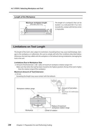 4-2 STEP2: Selecting Workpiece and Tool




        Length of the Workpiece


                         Maximum workpiece length                     The length of a workpiece that can be
                             270 mm (10.7 in.)                        loaded is as indicated left. If an item
                                                                      exceeds this, contact with the live center
                                                                      is impossible.




       Limitations on Tool Length

        The length of the tool is also subject to restrictions. Exceeding these may cause tool breakage, dam-
        age to the workpiece, or malfunction. Be sure to comply with all of the conditions described below.
        Otherwise, the tool may collide with the workpiece or the tailstock during initialization, damaging the
        tool or the unit.

        Limitations Due to Workpiece Size
          Amount of tool extension ≤ (66 - radius of maximum workpiece rotation range) mm
           Make sure that when the tool has been moved to the highest position, the tip of the tool is higher
             than the rotation range of the workpiece.
        Maximum Amount of Tool Extension
          43 mm
           Exceeding the length may cause contact with the tailstock.




           Workpiece rotation range                                              Amount of tool exten-
                                                                                 sion
                                                                                 Maximum 43 millimeters
                                                                                 (1.69 in.)




                                                                 Radius of maximum
                                                                 workpiece rotation range
                        Workpiece                     Center of rotation




34         Chapter 4 Preparation for and Performing Cutting
 