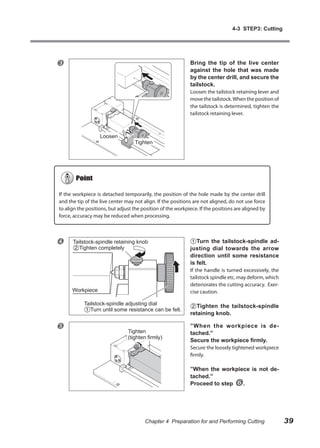 4-3 STEP3: Cutting




                                                            Bring the tip of the live center
                                                             against the hole that was made
                                                             by the center drill, and secure the
                                                             tailstock.
                                                             Loosen the tailstock retaining lever and
                                                             move the tailstock. When the position of
                                                             the tailstock is determined, tighten the
                                                             tailstock retaining lever.



                   Loosen
                                   Tighten




If the workpiece is detached temporarily, the position of the hole made by the center drill
and the tip of the live center may not align. If the positions are not aligned, do not use force
to align the positions, but adjust the position of the workpiece. If the positions are aligned by
force, accuracy may be reduced when processing.



     Tailstock-spindle retaining knob                          Turn the tailstock-spindle ad-
        Tighten completely                                   justing dial towards the arrow
                                                             direction until some resistance
                                                             is felt.
                                                             If the handle is turned excessively, the
                                                             tailstock spindle etc. may deform, which
                                                             deteriorates the cutting accuracy. Exer-
      Workpiece                                              cise caution.

           Tailstock-spindle adjusting dial                     Tighten the tailstock-spindle
             Turn until some resistance can be felt.
                                                             retaining knob.

                               Tighten
                                                             ”When the workpiece is de-
                                                             tached.”
                                (tighten firmly)
                                                             Secure the workpiece firmly.
                                                             Secure the loosely tightened workpiece
                                                             firmly.

                                                             ”When the workpiece is not de-
                                                             tached.”
                                                             Proceed to step  .   


                                        Chapter 4 Preparation for and Performing Cutting                39
 