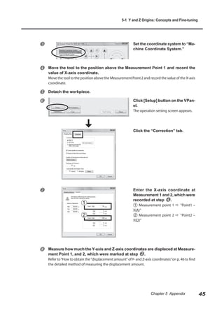 5-1 Y and Z Origins: Concepts and Fine-tuning




                                                          Set the coordinate system to “Ma-
                                                           chine Coordinate System.”



   Move the tool to the position above the Measurement Point 1 and record the
    value of X-axis coordinate.
    Move the tool to the position above the Measurement Point 2 and record the value of the X-axis
    coordinate.

   Detach the workpiece.

                                                          Click [Setup] button on the VPan-
                                                           el.
                                                           The operation setting screen appears.




                                                           Click the “Correction” tab.




                                                          Enter the X-axis coordinate at
                                                           Measurement 1 and 2, which were
                                                           recorded at step .
                                                              Measurement point 1  ”Point1 –
                                                           X(A)”
                                                              Measurement point 2  ”Point2 –
                                                           X(D)”




   Measure how much the Y-axis and Z-axis coordinates are displaced at Measure-
    ment Point 1, and 2, which were marked at step .
    Refer to “How to obtain the "displacement amount" of Y- and Z-axis coordinates” on p. 46 to find
    the detailed method of measuring the displacement amount.




                                                                      Chapter 5 Appendix               45
 