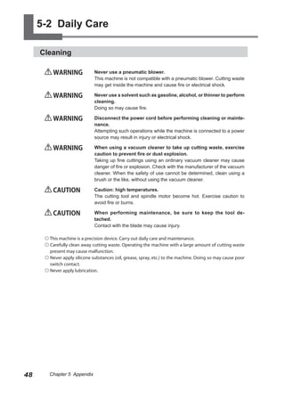 5-2 Daily Care

     Cleaning

          WARNING             Never use a pneumatic blower.
                              This machine is not compatible with a pneumatic blower. Cutting waste
                              may get inside the machine and cause fire or electrical shock.

          WARNING             Never use a solvent such as gasoline, alcohol, or thinner to perform
                              cleaning.
                              Doing so may cause fire.

          WARNING             Disconnect the power cord before performing cleaning or mainte-
                              nance.
                              Attempting such operations while the machine is connected to a power
                              source may result in injury or electrical shock.

          WARNING             When using a vacuum cleaner to take up cutting waste, exercise
                              caution to prevent fire or dust explosion.
                              Taking up fine cuttings using an ordinary vacuum cleaner may cause
                              danger of fire or explosion. Check with the manufacturer of the vacuum
                              cleaner. When the safety of use cannot be determined, clean using a
                              brush or the like, without using the vacuum cleaner.

          CAUTION             Caution: high temperatures.
                              The cutting tool and spindle motor become hot. Exercise caution to
                              avoid fire or burns.

          CAUTION             When performing maintenance, be sure to keep the tool de-
                              tached.
                              Contact with the blade may cause injury.

       This machine is a precision device. Carry out daily care and maintenance.
       Carefully clean away cutting waste. Operating the machine with a large amount of cutting waste
        present may cause malfunction.
       Never apply silicone substances (oil, grease, spray, etc.) to the machine. Doing so may cause poor
        switch contact.
       Never apply lubrication.




48      Chapter 5 Appendix
 