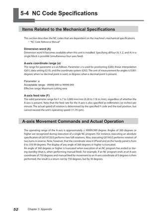 5-4 NC Code Specifications

     Items Related to the Mechanical Specifications

      This section describes the NC codes that are dependent on the machine's mechanical specifications.
          "NC Code Reference Manual"


      Dimension word (A)
      Dimension word A becomes available when this unit is installed. Specifying all four (X, Y, Z, and A) in a
      single block is possible (simultaneous four-axes feed).

      A-axis coordinate range (a)
      The range for parameter a is as follows. Parameter a is used for positioning (G00), linear interpolation
      (G01), data setting (G10), and the coordinate system (G92). The unit of measurement for angles is 0.001
      degrees when no decimal point is used, or degrees when a decimal point is present.

      Parameter: a
      Acceptable range: -99999.999 to 99999.999
      Effective range: Maximum cutting area

      A-axis feed rate (F)
      The valid parameter range for F is 7 to 3,000 mm/min (0.28 to 118 in./min), regardless of whether the
      A-axis is present. Note that the feed rate for the A-axis is also specified as millimeters (or inches) per
      minute. The actual speed of rotation is determined by the specified F code and the tool position, but
      cannot exceed the unit's operating speed (11.79 rpm).



     A-axis Movement Commands and Actual Operation

      The operating range of the A-axis is approximately ± 99999.999 degree. Angles of 360 degrees or
      higher are recognized during execution of a single NC program. For instance, executing an absolute
      specification of G01A720.0 performs two full rotations. Also, executing G01A0.0 performs rotation of
      two turns in reverse. Note, however, that the coordinate view in VPanel and on the handy panel is from
      0 to 359.99 degrees. The display of any angle of 360 degrees or higher is truncated.
      An angle of 360 degrees or higher is truncated when execution of an NC program has ended or dur-
      ing standby (that is, when performing manual feed). For example, if an NC program ends at an A-axis
      coordinate of 750 degrees and manual feed for movement to an A-axis coordinate of 0 degrees is then
      performed, the result is a return not by 750 degrees, but by 30 degrees.




52       Chapter 5 Appendix
 