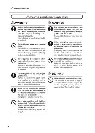 To Ensure Safe Use




                           Incorrect operation may cause injury.

     WARNING                                          WARNING
        Be sure to follow the operation pro-           For accessories (optional and con-
        cedures described in this documenta-           sumable items, power cord, and the
        tion. Never allow anyone unfamiliar            like), use only genuine articles com-
        with the usage or handling of the              patible with this machine.
        machine to touch it.                           Incompatible items may lead to an ac-
        Incorrect usage or handling may lead to        cident.
        an accident.
                                                       Before attempting cleaning, mainte-
        Keep children away from the ma-                nance, or attachment or detachment
        chine.                                         of optional items, disconnect the
        The machine includes areas and compo-          power cord.
        nents that pose a hazard to children and       Attempting such operations while the
        may result in injury, blindness, choking,      machine is connected to a power source
        or other serious accident.                     may result in injury or electrical shock.

        Never operate the machine while                Never attempt to disassemble, repair,
        tired or after ingesting alcohol or any        or modify the machine.
        medication.                                    Doing so may result in fire, electrical
        Operation requires unimpaired judg-            shock, or injury. Entrust repairs to a
        ment. Impaired judgment may result in          trained service technician.
        an accident.

        Conduct operations in a clean, bright-        CAUTION
        ly lit location.
        Working in a location that is dark or clut-    Never climb or lean on the machine.
        tered may lead to an accident, such as         The machine is not made to support
        becoming caught in the machine as the          a person. Climbing or leaning on the
        result of an inadvertent stumble.              machine may dislodge components and
                                                       cause a slip or fall, resulting in injury.
        Never use the machine for any pur-
        pose for which it is not intended, or
        use the machine in an undue manner
        that exceeds its capacity.
        Doing so may result in injury or fire.

        Never use a cutting tool that has
        become dull. Perform frequent main-
        tenance to keep and use the machine
        in good working order.
        Unreasonable usage may result in fire
        or injury.




4
 