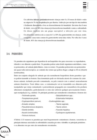 pág.66
Manual4
Os calicivírus infectam predominantemente crianças entre 6 a 24 meses de idade e estão
na origem de 3% das hospitalizações por diarreia. A infecção por este tipo de vírus também
é facilmente disseminada e leva ao desenvolvimento de imunidade. Em torno dos 6 anos
de idade, cerca de 90% das crianças já desenvolveram imunidade contra a enfermidade.
Os idosos também são um grupo susceptível a infecções por este vírus.
Os adenovírus entéricos são a causa de 5 a 20% das gastroenterites em crianças, sendo
a segunda causa mais comum de gastroenterite nesta faixa etária. Por volta dos 4 anos
de idade, 85% das crianças já desenvolveram imunidade.
3.4. PARASITAS
Os parasitas são organismos que dependem de um hospedeiro vivo para crescerem e se reproduzirem,
obtendo o seu alimento a partir deste. Os parasitas podem variar desde organismos unicelulares, como
os protozoários, até animais pluricelulares, como os vermes. Os parasitas pertencentes aos protozoários
são quase todos microscópicos, ao contrário dos vermes que podem chegar a atingir os 30 cm (Ascaris
lumbricoides).
Existe um conjunto alargado de animais que são normalmente hospedeiros destes parasitas e que
os podem transmitir ao homem. Essa transmissão pode ser efectuada através do consumo da carne
desses animais, incluindo pescado contaminado, ou pelo contacto com o animal, nomeadamente
animais domésticos. Neste último caso, a contaminação vai ser transmitida aos alimentos pelo
manipulador que esteja contaminado e potencialmente propagada aos consumidores dos produtos
alimentares manipulados, particularmente se estes não sofrerem qualquer processamento térmico
após manipulação (e.g. saladas). Os principais parasitas que normalmente contaminam o homem são:
- Trichinella spiralis; - Diphyllobothrium spp.;
- Toxoplasmose gondii; - Entamoeba histolytica;
- Cryptosporidium parvum; - Eustronglylides spp.;
- Anisakis simplex; - Taenia saginata;
- Pseudoterranova decipiens; - Taenia solium;
- Giardia lamblia; - Fasciola hepatica;
- Ascaris lumbricoides; - Cyclospora cayetanensis.
- Trichuris trichiura;
A Tabela 3.12 enumera os parasitas que mais frequentemente contaminam o homem, caracteriza os
principais sintomas associados às enfermidades causadas por estes e identifica os principais portadores
e os alimentos em que estes são normalmente encontrados.
Os Perigos para a Segurança Alimentar
no Processamento de Alimentos
 