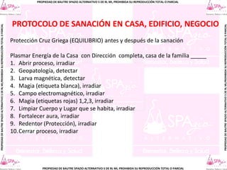 PROPIEDAD DE BAUTRE SPAZIO ALTERNATIVO S DE RL MI, PROHIBIDA SU REPRODUCCIÓN TOTAL O PARCIAL
PROPIEDAD
DE
BAUTRE
SPAZIO
ALTERNATIVO
S
DE
RL
MI,PROHIBIDA
SU
REPRODUCCIÓN
TOTAL
O
PARCIAL
PROPIEDAD
DE
BAUTRE
SPAZIO
ALTERNATIVO
S
DE
RL
MI,PROHIBIDA
SU
REPRODUCCIÓN
TOTAL
O
PARCIAL
PROPIEDAD DE BAUTRE SPAZIO ALTERNATIVO S DE RL MI, PROHIBIDA SU REPRODUCCIÓN TOTAL O PARCIAL
PROTOCOLO DE SANACIÓN EN CASA, EDIFICIO, NEGOCIO
Protección Cruz Griega (EQUILIBRIO) antes y después de la sanación
Plasmar Energía de la Casa con Dirección completa, casa de la familia _____
1. Abrir proceso, irradiar
2. Geopatología, detectar
3. Larva magnética, detectar
4. Magia (etiqueta blanca), irradiar
5. Campo electromagnético, irradiar
6. Magia (etiquetas rojas) 1,2,3, irradiar
7. Limpiar Cuerpo y Lugar que se habita, irradiar
8. Fortalecer aura, irradiar
9. Redentor (Protección), irradiar
10.Cerrar proceso, irradiar
 