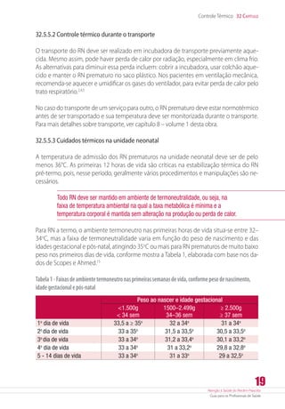 Atenção à Saúde do Recém-Nascido
Guia para os Profissionais de Saúde
19
Controle Térmico 32 Capítulo
32.5.5.2 Controle térmico durante o transporte
O transporte do RN deve ser realizado em incubadora de transporte previamente aque-
cida. Mesmo assim, pode haver perda de calor por radiação, especialmente em clima frio.
As alternativas para diminuir essa perda incluem: cobrir a incubadora, usar colchão aque-
cido e manter o RN prematuro no saco plástico. Nos pacientes em ventilação mecânica,
recomenda-se aquecer e umidificar os gases do ventilador, para evitar perda de calor pelo
trato respiratório.2,4,5
No caso do transporte de um serviço para outro, o RN prematuro deve estar normotérmico
antes de ser transportado e sua temperatura deve ser monitorizada durante o transporte.
Para mais detalhes sobre transporte, ver capítulo 8 – volume 1 desta obra.
32.5.5.3 Cuidados térmicos na unidade neonatal
A temperatura de admissão dos RN prematuros na unidade neonatal deve ser de pelo
menos 36°C. As primeiras 12 horas de vida são críticas na estabilização térmica do RN
pré-termo, pois, nesse período, geralmente vários procedimentos e manipulações são ne-
cessários.
Todo RN deve ser mantido em ambiente de termoneutralidade, ou seja, na
faixa de temperatura ambiental na qual a taxa metabólica é mínima e a
temperatura corporal é mantida sem alteração na produção ou perda de calor.
Para RN a termo, o ambiente termoneutro nas primeiras horas de vida situa-se entre 32–
34o
C, mas a faixa de termoneutralidade varia em função do peso de nascimento e das
idades gestacional e pós-natal, atingindo 35o
C ou mais para RN prematuros de muito baixo
peso nos primeiros dias de vida, conforme mostra a Tabela 1, elaborada com base nos da-
dos de Scopes e Ahmed.15
Tabela1-Faixasdeambientetermoneutronasprimeirassemanasdevida,conformepesodenascimento,
idadegestacionalepós-natal
Peso ao nascer e idade gestacional
1.500g
 34 sem
1500–2.499g
34–36 sem
≥ 2.500g
≥ 37 sem
1o
dia de vida 33,5 a ≥ 35o
32 a 34o
31 a 34o
2o
dia de vida 33 a 35o
31,5 a 33,5o
30,5 a 33,5o
3o
dia de vida 33 a 34o
31,2 a 33,4o
30,1 a 33,2o
4o
dia de vida 33 a 34o
31 a 33,2o
29,8 a 32,8o
5 - 14 dias de vida 33 a 34o
31 a 33o
29 a 32,5o
 