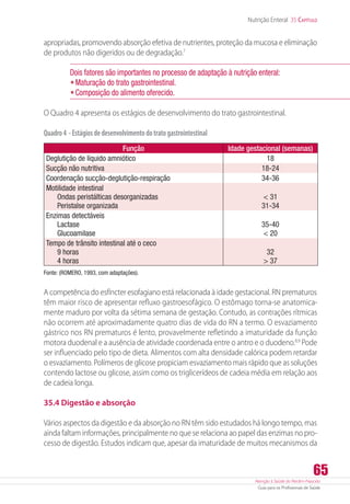 Atenção à Saúde do Recém-Nascido
Guia para os Profissionais de Saúde
65
Nutrição Enteral 35 Capítulo
apropriadas, promovendo absorção efetiva de nutrientes, proteção da mucosa e eliminação
de produtos não digeridos ou de degradação.7
Dois fatores são importantes no processo de adaptação à nutrição enteral:
•	Maturação do trato gastrointestinal.
•	Composição do alimento oferecido.
O Quadro 4 apresenta os estágios de desenvolvimento do trato gastrointestinal.
Quadro4 -Estágiosdedesenvolvimentodotratogastrointestinal
Função Idade gestacional (semanas)
Deglutição de líquido amniótico 18
Sucção não nutritiva 18-24
Coordenação sucção-deglutição-respiração 34-36
Motilidade intestinal
      Ondas peristálticas desorganizadas
      Peristalse organizada
 31
31-34
Enzimas detectáveis
      Lactase
      Glucoamilase
35-40
 20
Tempo de trânsito intestinal até o ceco
      9 horas
      4 horas
32
 37
Fonte: (ROMERO, 1993, com adaptações).
A competência do esfíncter esofagiano está relacionada à idade gestacional. RN prematuros
têm maior risco de apresentar refluxo gastroesofágico. O estômago torna-se anatomica-
mente maduro por volta da sétima semana de gestação. Contudo, as contrações rítmicas
não ocorrem até aproximadamente quatro dias de vida do RN a termo. O esvaziamento
gástrico nos RN prematuros é lento, provavelmente refletindo a imaturidade da função
motora duodenal e a ausência de atividade coordenada entre o antro e o duodeno.8,9
Pode
ser influenciado pelo tipo de dieta. Alimentos com alta densidade calórica podem retardar
o esvaziamento. Polímeros de glicose propiciam esvaziamento mais rápido que as soluções
contendo lactose ou glicose, assim como os triglicerídeos de cadeia média em relação aos
de cadeia longa.
35.4 Digestão e absorção
Vários aspectos da digestão e da absorção no RN têm sido estudados há longo tempo, mas
ainda faltam informações, principalmente no que se relaciona ao papel das enzimas no pro-
cesso de digestão. Estudos indicam que, apesar da imaturidade de muitos mecanismos da
 
