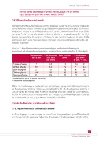 Atenção à Saúde do Recém-Nascido
Guia para os Profissionais de Saúde
67
Nutrição Enteral 35 Capítulo
Deve-se atentar à quantidade de proteína na dieta, já que o RN pré-termo é
capaz de absorver quase toda proteína ofertada (80%).2
35.5 Necessidades nutricionais
Fornecer nutrientes suficientes para permitir deposição tissular no RN na mesma velocidade
que a do feto no terceiro trimestre da gravidez continua sendo recomendado atualmente.
O Quadro 5 mostra as quantidades necessárias para o crescimento de fetos entre 29-31
semanas. Os dados foram baseados no feto de referência crescendo cerca de 15 a 16g/
kg/dia, na quantidade de nutrientes contidos no leite humano maduro e de mães de RN
prematuros, bem como nas quantidades estimadas como necessárias considerando a ab-
sorção e as perdas.5
Quadro 5 -Necessidadesnutricionaisparaincrementodepesosemelhanteaodofetoeingestão
proporcionadapeloleitedemulherescomgestaçãoatermoepré-termoconsiderandoofertade180mL/kg/dia5
*Necessidades
para o feto
**Necessidades
para o RN
pré-termo
Leite humano
termo
Leite humano
pré-termo
2a
sem. 4a
sem.
Proteína g/kg/dia 2 3,2 1,8 3,6          3,1
Gordura g/kg/dia 1,9 6,0 7,2 7              6,5
Sódio mg/kg/dia 27 62 29 67           54
Cálcio mg/kg/dia 103 167 48 48             48
Fósforo mg/kg/dia 65 114 22 26             26
* considerando um feto de 30 semanas com 1.500g
** considerando absorção e perdas
RN de extremo baixo peso recebendo soro somente com glicose e eletrólitos perdem cerca
de 1,2g/kg/dia de proteína endógena. A simples oferta de 1,1 a 1,5g/kg/dia de proteína e
30Kcal/kg/dia de energia pode modificar o balanço proteico.2
Apesar de tais evidências,
muitos RN prematuros não recebem nem essa modesta quantidade de proteína durante
os primeiros dias de vida, o que acentua seu estado catabólico.
35.6 Leite, fórmulas e práticas alimentares
35.6.1 Quando começar a alimentação enteral
A oferta de pequenos volumes por via enteral durante o período em que o RN ainda está
recebendo nutrição parenteral é chamada de nutrição enteral mínima ou nutrição trófica.
 