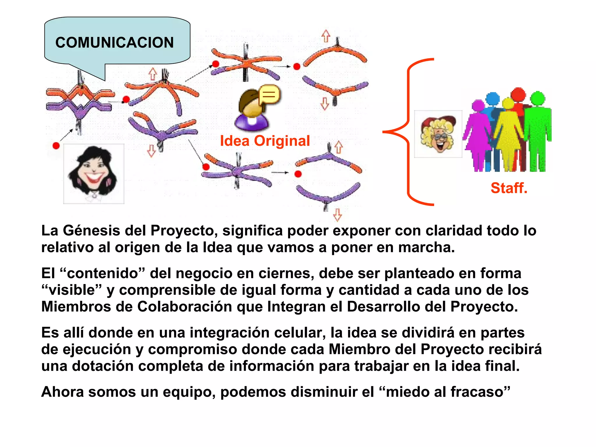 Idea Original La Génesis del Proyecto, significa poder exponer con claridad todo lo relativo al origen de la Idea que vamos a poner en marcha. El “contenido” del negocio en ciernes, debe ser planteado en forma “visible” y comprensible de igual forma y cantidad a cada uno de los Miembros de Colaboración que Integran el Desarrollo del Proyecto. Es allí donde en una integración celular, la idea se dividirá en partes de ejecución y compromiso donde cada Miembro del Proyecto recibirá una dotación completa de información para trabajar en la idea final. Ahora somos un equipo, podemos disminuir el “miedo al fracaso” Staff. COMUNICACION 