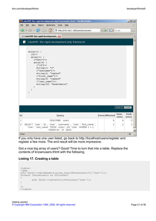 If you only have one user listed, go back to http://localhost/users/register and
register a few more. The end result will be more impressive.
Got a nice big array of users? Good! Time to turn that into a table. Replace the
contents of knownusers.thtml with the following.
Listing 17. Creating a table
<table>
<?php
echo $html->tableHeaders(array_keys($knownusers[0]['User']));
foreach ($knownusers as $thisuser)
{
echo $html->tableCells($thisuser['User']);
}
?>
</table>
ibm.com/developerWorks developerWorks®
Getting started
© Copyright IBM Corporation 1994, 2008. All rights reserved. Page 21 of 36
 