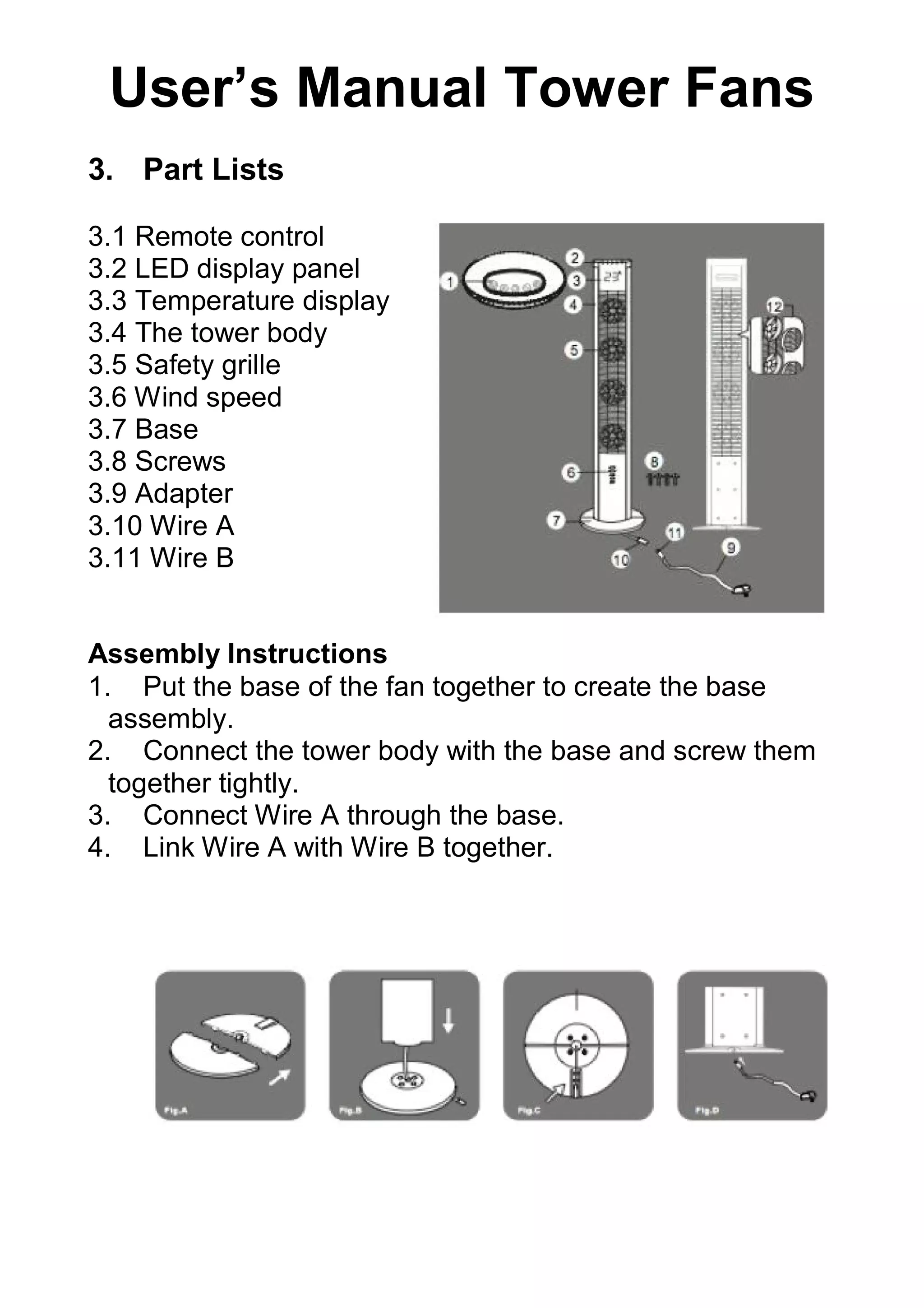 infographic tower fan assembly checklist with click-lock confirmation