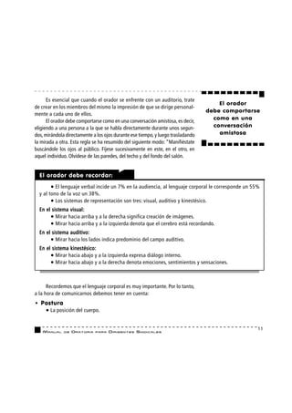 Es esencial que cuando el orador se enfrente con un auditorio, trate
                                                                                     El orador
de crear en los miembros del mismo la impresión de que se dirige personal-
                                                                                 debe comportarse
mente a cada uno de ellos.
                                                                                   como en una
      El orador debe comportarse como en una conversación amistosa, es decir,
eligiendo a una persona a la que se habla directamente durante unos segun-         conversación
dos, mirándola directamente a los ojos durante ese tiempo, y luego trasladando       amistosa
la mirada a otra. Esta regla se ha resumido del siguiente modo: “Manifiéstate
buscándole los ojos al público. Fíjese sucesivamente en este, en el otro, en
aquel individuo. Olvídese de las paredes, del techo y del fondo del salón.


  El orador debe recordar:
        • El lenguaje verbal incide un 7% en la audiencia, al lenguaje corporal le corresponde un 55%
  y al tono de la voz un 38%.
        • Los sistemas de representación son tres: visual, auditivo y kinestésico.
  En el sistema visual:
       • Mirar hacia arriba y a la derecha significa creación de imágenes.
       • Mirar hacia arriba y a la izquierda denota que el cerebro está recordando.
  En el sistema auditivo:
       • Mirar hacia los lados indica predominio del campo auditivo.
  En el sistema kinestésico:
       • Mirar hacia abajo y a la izquierda expresa diálogo interno.
       • Mirar hacia abajo y a la derecha denota emociones, sentimientos y sensaciones.


      Recordemos que el lenguaje corporal es muy importante. Por lo tanto,
a la hora de comunicarnos debemos tener en cuenta:
• Postura
   • La posición del cuerpo.

                                                                                                    11
    MANUAL    DE   ORATORIA   PARA   DIRIGENTES SI N D I C A L E S
 