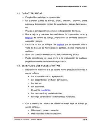 Metodología para la Implementación de las 5S´s 
1.2. CARACTERÍSTICAS 
· Es aplicable a todo tipo de organización. 
· En cualquier puesto de trabajo, oficina, almacén, archivos, áreas 
públicas y de recepción, centros de capacitación, talleres, laboratorios, 
etc. 
· Propicia la participación del personal en los procesos de mejora. 
· Busca mejorar y mantener las condiciones de organización, orden y 
limpieza del centro de trabajo, propiciando un ambiente adecuado, 
agradable y seguro. 
· Las 5 S’s no son los trabajos de limpieza que se organizan ante la 
visita del Consejo de Administración, políticos, clientes importantes o 
auditores. 
· No es una cuestión de estética sino de funcionalidad y eficacia. 
· Puede considerarse un paso previo a la implantación de cualquier 
proyecto de mejora continua en la organización. 
1.3. BENEFICIOS QUE PUEDE APORTAR 
· Mejorando el nivel de 5 S´s se obtiene mayor productividad debido a 
que se reducen: 
 Las actividades que no agregan valor. 
 Los desperdicios y productos defectuosos. 
 Las averías. 
 Los accidentes. 
 El nivel de inventarios. 
 Los movimientos y traslados inútiles. 
 El tiempo para localizar herramientas y materiales. 
· Con el Orden y la Limpieza se obtiene un mejor lugar de trabajo ya 
que se consigue: 
 Más espacio y mayor bienestar. 
 Más seguridad en las instalaciones. 
Dirección de Educación Continua, ANUIES Pág. 4 
 