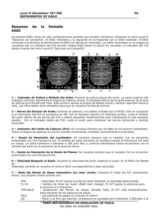 PARA USO EXCLUSIVO EN SIMULACIÓN DE VUELO.
NO USAR EN AVIACIÓN REAL
Level-D Simulations 767-300
INSTRUMENTOS DE VUELO
60
Resumen de la Pantalla
EADI
La pantalla EADI viene con dos configuraciones posibles que pueden cambiarse utilizando el menú Level-D
“Opciones de Compañía”. El EADI mostrado a la izquierda se corresponde con el EADI estándar. El EADI
mostrado a la derecha es denominado el EADI con Banda de Velocidad. Los EADI mostrados en la imagen se
visualizan con un indicador del F/D sencillo. Ambos EADI tienen la opción de visualizar un indicador del F/D
doble a través del menú Level-D “Opciones de Compañía”.
1 – Indicador de Actitud y Símbolo del Avión: Muestra la actitud actual del avión. La parte superior del
indicador (vértice) representa el ángulo de cabeceo actual. El triángulo blanco de la parte superior de la bola
de actitud es el Puntero de Cielo. Este puntero apunta al ángulo de alabeo actual y siempre apuntara hacia el
cielo. Los IRUs deben estar alineados para que se visualice la bola de actitud.
2 – Barras del Director de Vuelo: Ordenan el cabeceo y el alabeo indicado por el AFDS. Sólo se visualizan
si el interruptor del F/D se encuentra en ON. Con el indicador sencillo (el mostrado arriba), vuele el símbolo
del avión dentro de las barras del F/D y realice pequeñas modificaciones para mantenerse lo más ajustado
posible . Con el indicador doble del F/D, vuele el avión para mantener las barras horizontal y vertical
centradas.
3 – Indicador del Límite de Cabeceo (PLI): Se visualiza siempre que los flaps se encuentren extendidos.
Indica el ángulo de cabeceo al cual los mandos comenzarán a temblar (previamente a la pérdida).
4 – Escala de Desviación del Localizador: Se visualiza siempre que el receptor ILS se encuentre
sintonizado con una frecuencia ILS. El símbolo de pista creciente se visualiza cuando la frecuencia ILS esté
en rango. La pista comienza a elevarse a 200 pies AGL y continúa elevándose hasta encontrarse con el
símbolo del avión en el momento de la toma de tierra.
5 – Escala de Desviación de la Senda de Planeo: Se visualiza siempre que el receptor ILS se encuentre
sintonizado con una frecuencia ILS.
6 – Velocidad Respecto al Suelo: Visualiza la velocidad del avión respecto al suelo. En el EADI con Banda
de
Velocidad, también se muestra el número Mach correspondiente a esta velocidad.
7 – Modo del Mando de Gases Automático (en color verde): Visualiza el modo del A/T actualmente
activo. Los posibles modos activos son:
SPD - Velocidad. El A/T ajusta la potencia para mantener la velocidad seleccionada.
FL CH - Cambio de Nivel de Vuelo (flight level change). El A/T ajusta la potencia para
el ascenso o el descenso.
THR HOLD - Suspensión del Mando de Gases (throttle hold). El A/T está temporalmente
desconectado de las palancas de gases.
IDLE - Las palancas de gases se ordenan al ralentí.
GA - Motor y al Aire (go around). La potencia es ajustada para mantener 2.000 ppm a la
velocidad seleccionada.
 