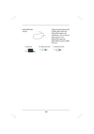 HDMI_SPDIF Cable                                        Please connect the black end (A)
(Optional)                  C                           of HDMI_SPDIF cable to the
                                       B                HDMI_SPDIF header on the
                                           A            motherboard. Then connect the
                                                        white end (B or C) of
                                                        HDMI_SPDIF cable to the
                                                        HDMI_SPDIF connector of HDMI
                                                        VGA card.


     A. black end               B. white end (2-pin)      C. white end (3-pin)
        +5V                 SPDIFOUT            blue      SPDIFOUT      blue
                                 GND            black         GND       black
    SPDIFOUT        blue
        GND         black




                                               23
 