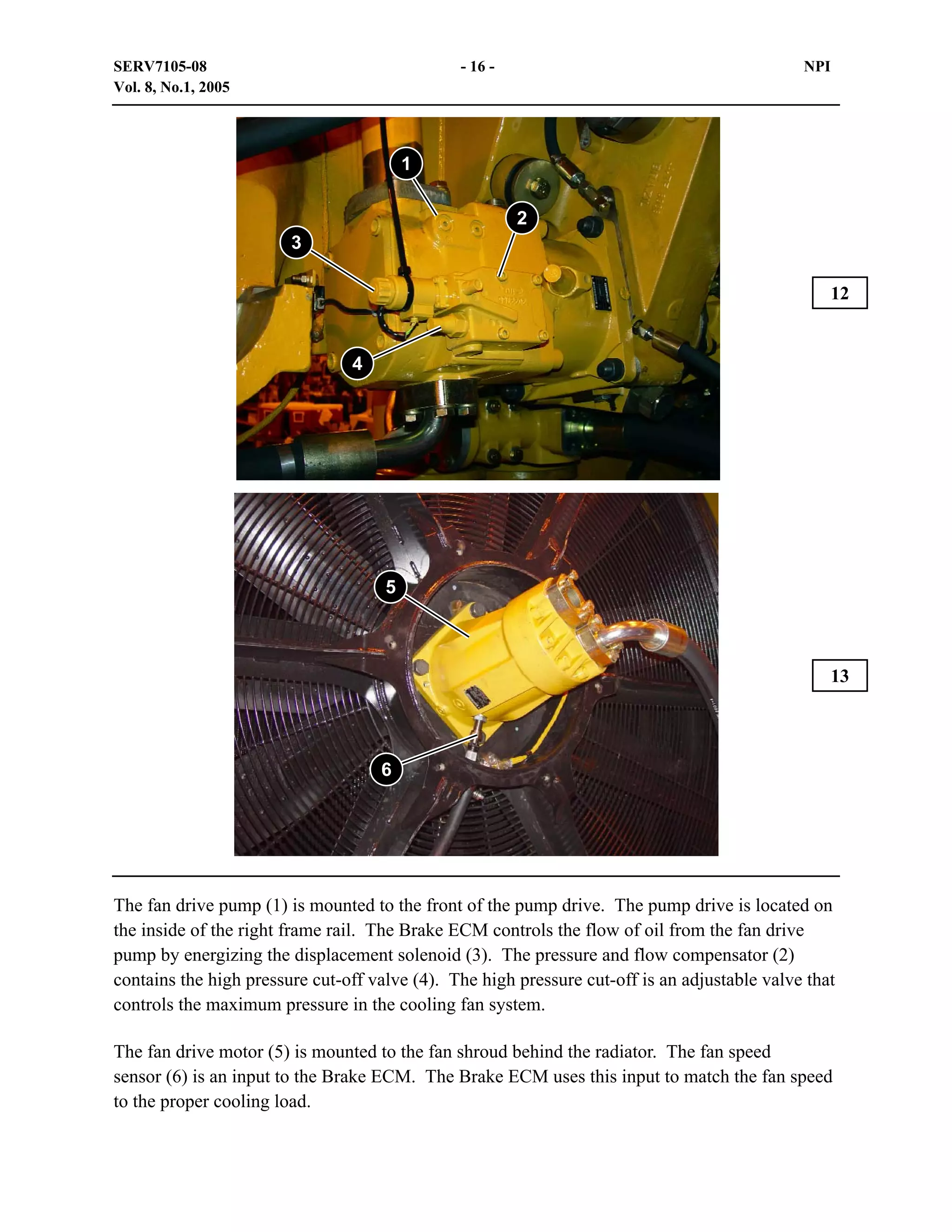 SERV7105-08
Vol. 8, No.1, 2005

- 16 -

NPI

1
2
3
12

4

5

13

6

The fan drive pump (1) is mounted to the front of the pump drive. The pump drive is located on
the inside of the right frame rail. The Brake ECM controls the flow of oil from the fan drive
pump by energizing the displacement solenoid (3). The pressure and flow compensator (2)
contains the high pressure cut-off valve (4). The high pressure cut-off is an adjustable valve that
controls the maximum pressure in the cooling fan system.
The fan drive motor (5) is mounted to the fan shroud behind the radiator. The fan speed
sensor (6) is an input to the Brake ECM. The Brake ECM uses this input to match the fan speed
to the proper cooling load.

 